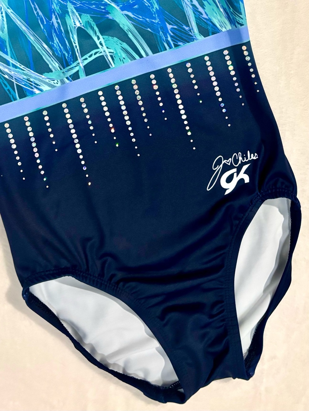 GK Jordan Chiles Performance Leotard Blue Rhinestone CM With Matching Scrunchie - Picture 3 of 11